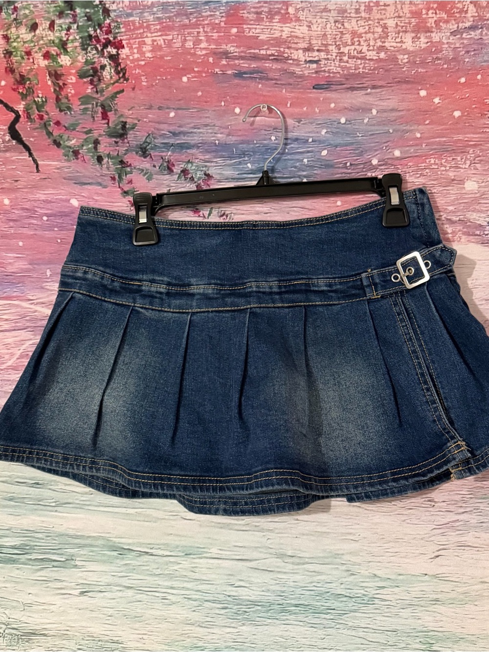 Denim Pleated Mini Skirt - Dark Blue